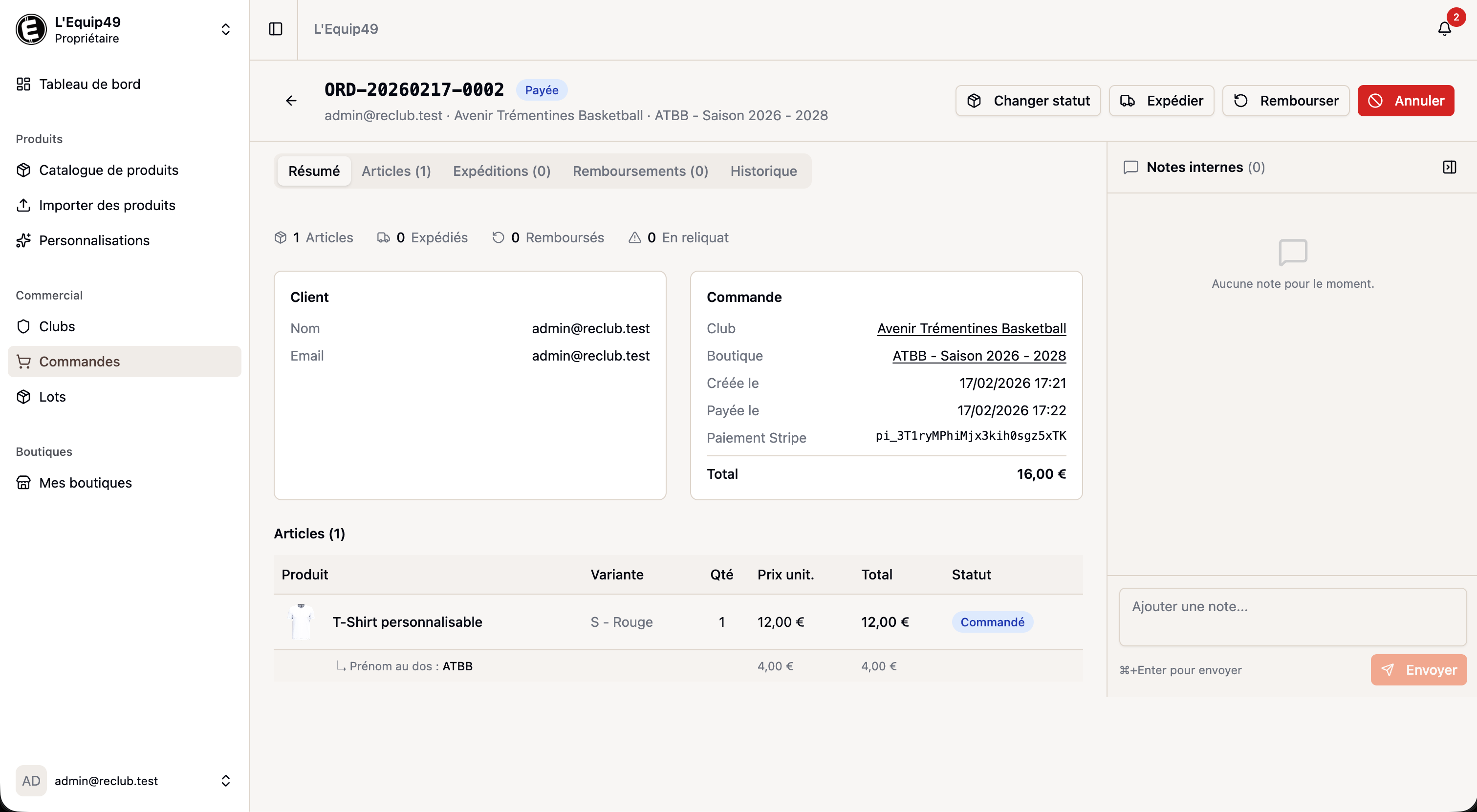 Commandes et paiement Reclub