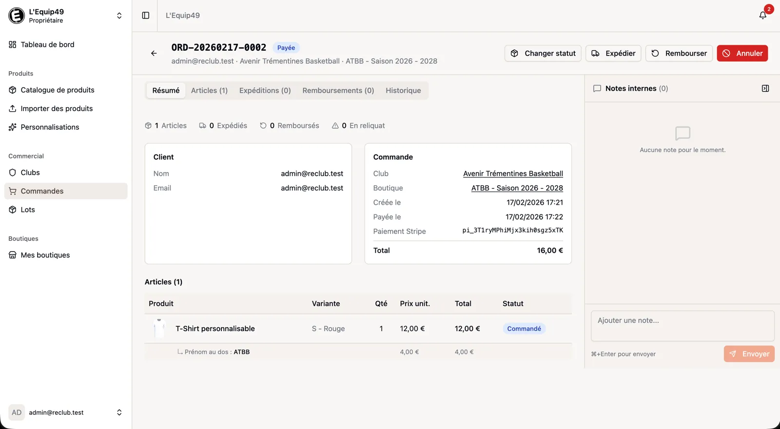 Commandes et paiement Reclub