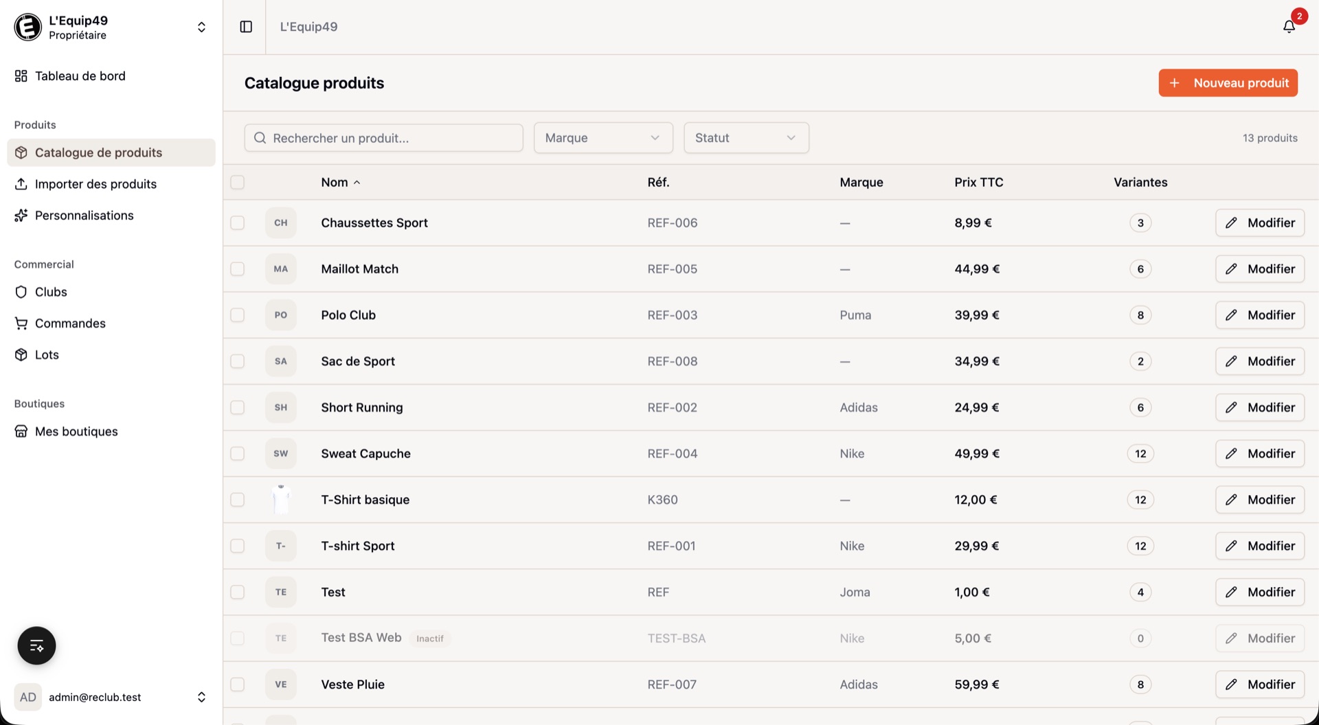 Catalogue produits Reclub