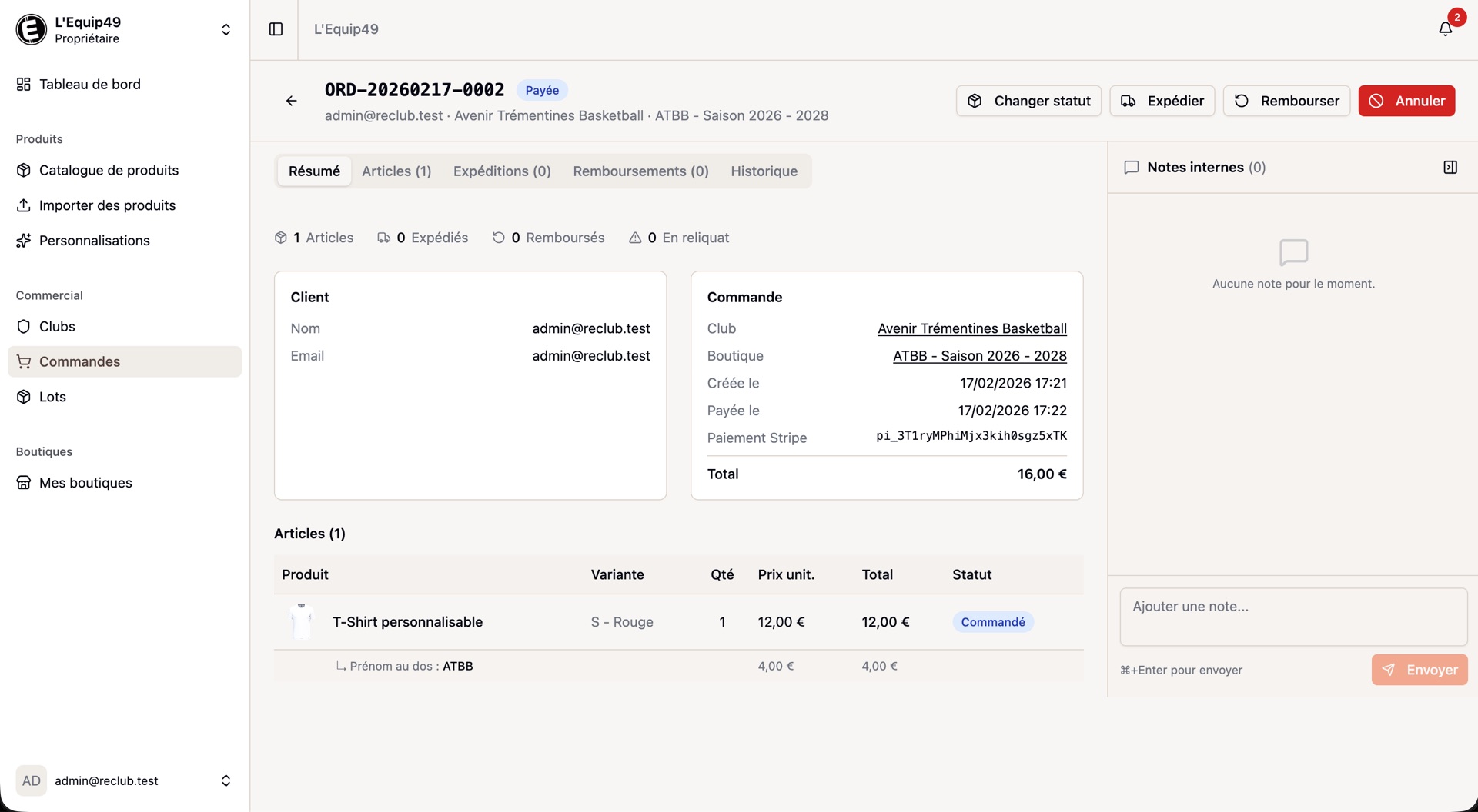 Commandes et paiement Reclub